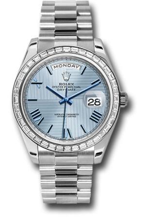 Replica Rolex 950 Platinum Day-Date 40 Watch 228396TBR Bezel Ice Blue Quadrant Motif Bevelled Roman Dial President Bracelet